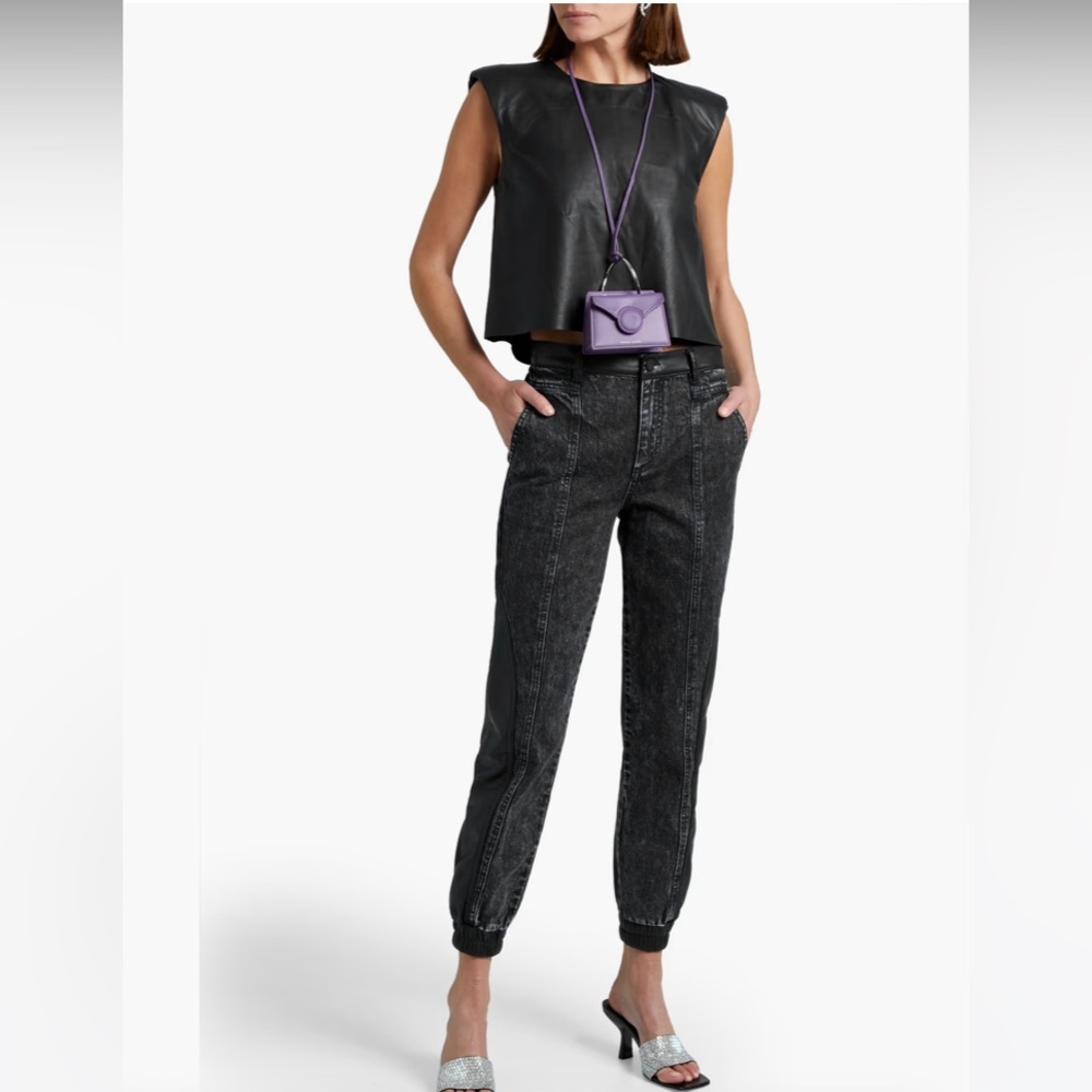 NWT Alice+Olivia Jenny Faux Leather-Trimmed Tapered Jeans Black Women’s Size 31